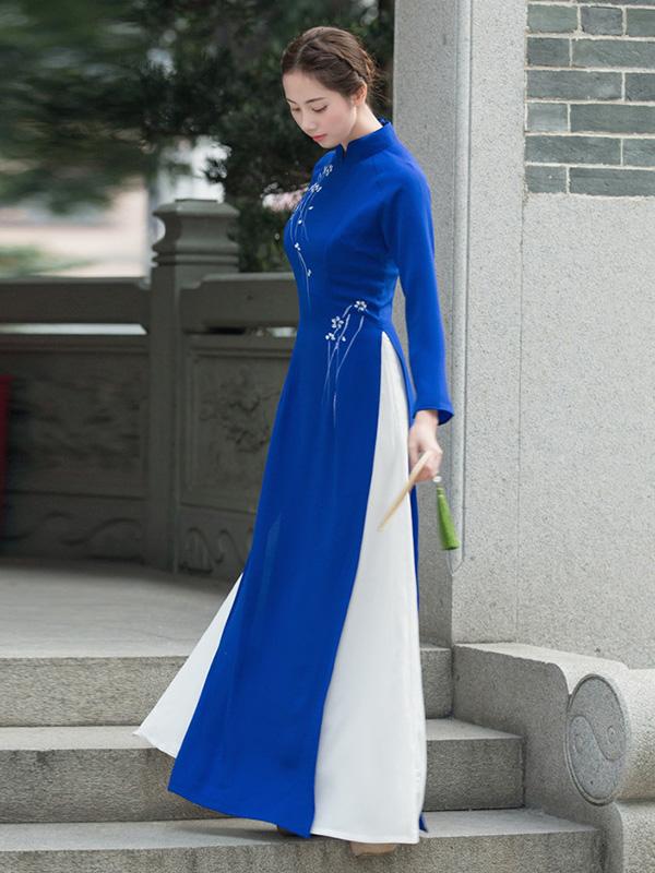 Tradition Blue Long Cheongsam Ao Dai
