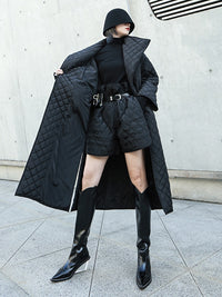 Black Rhombic Split-Side High Collar Long Coat