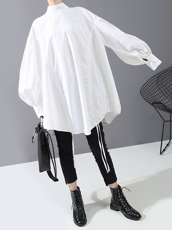 Drawstring Cropped Loose Stand Collar Shirt