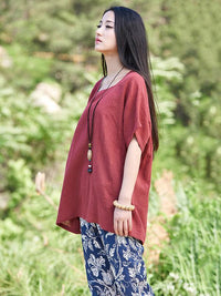Round-neck Linen Cotton Half Sleeves Tops
