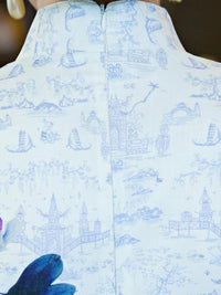 White&Blue Flower Split-side Ao Dai Cheongsam