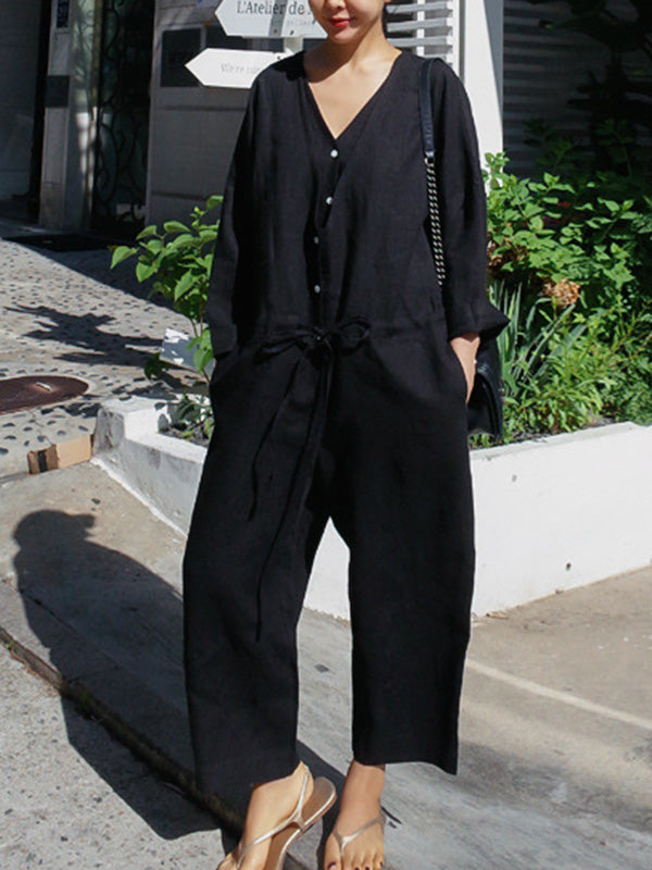 Casual Linen V-neck Jumpsuit