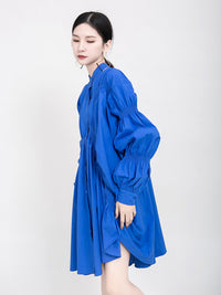 Blue Loose Pleated Cropped Blouse Dress