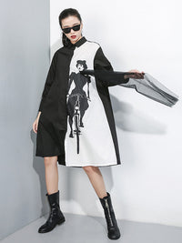 Tide Splicing Characters Print Long Lapel Shirt