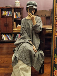 Loose Vintage Washable Plaid Split-Side Dress