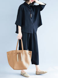 Two-Pieces Black Loose Shirt And Ninth Pants Suit