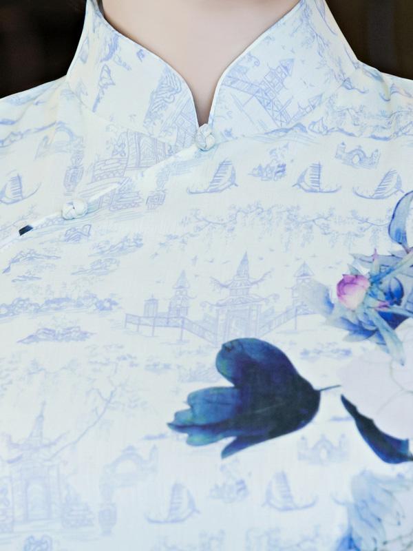 White&Blue Flower Split-side Ao Dai Cheongsam
