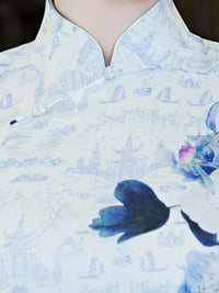 White&Blue Flower Split-side Ao Dai Cheongsam