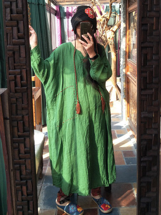 100% Linen Manual Embroidered Long Dress