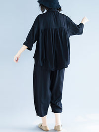 Two-Pieces Black Loose Shirt And Ninth Pants Suit