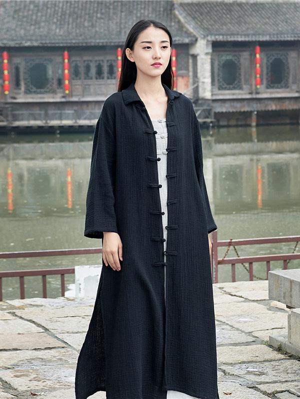 Black&Light gray Split-side Vintage Linen Outwear
