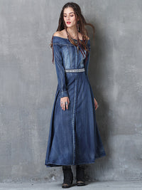 Off Shoulder Split-front Embroidered Midi Dresses