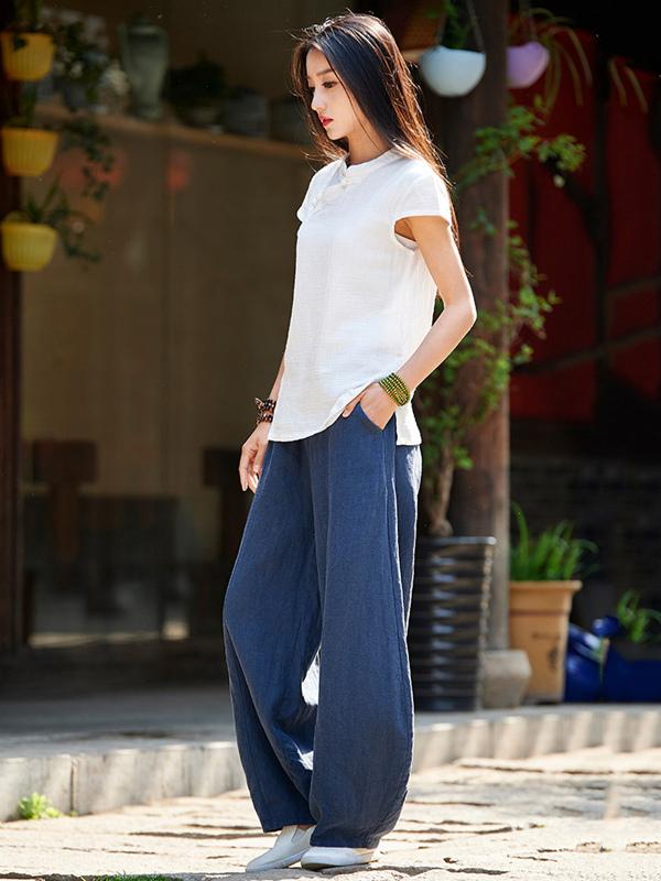 Burgundy&Navy Blue Ramie Cotton Casual Linen Bloomers Pants