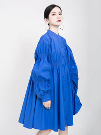 Blue Loose Pleated Cropped Blouse Dress