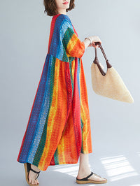 Striped Printed Loose A-Line Round-Neck Dress
