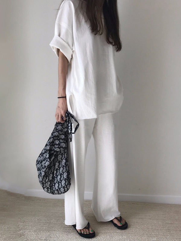 Loose Fringed Solid Color Split-Side Round-Neck Pants Set Two Pieces Set
