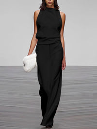 Loose Sleeveless Solid Color High-Neck Vest Tops&Skirts Bottoms Two Pieces Set