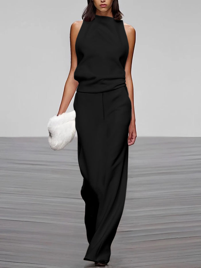 Loose Sleeveless Solid Color High-Neck Vest Tops&Skirts Bottoms Two Pieces Set
