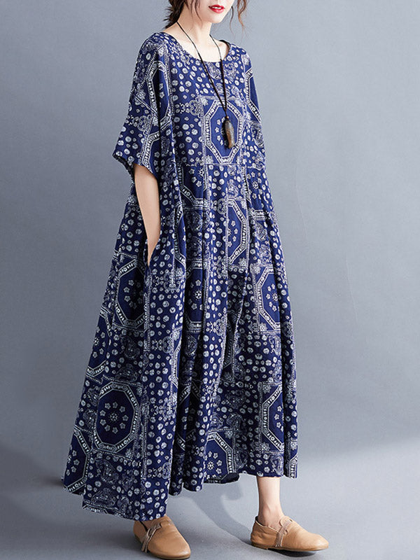 Vintage Floral Batwing Sleeve Dress