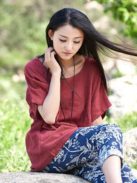 Round-neck Linen Cotton Half Sleeves Tops