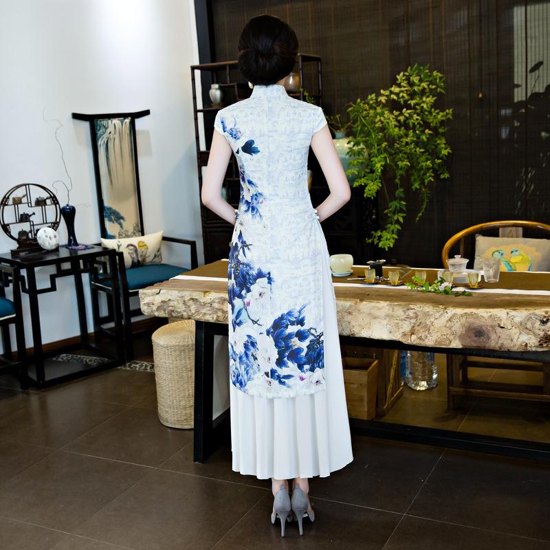 White&Blue Flower Split-side Ao Dai Cheongsam