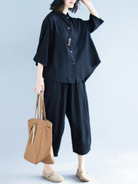 Two-Pieces Black Loose Shirt And Ninth Pants Suit
