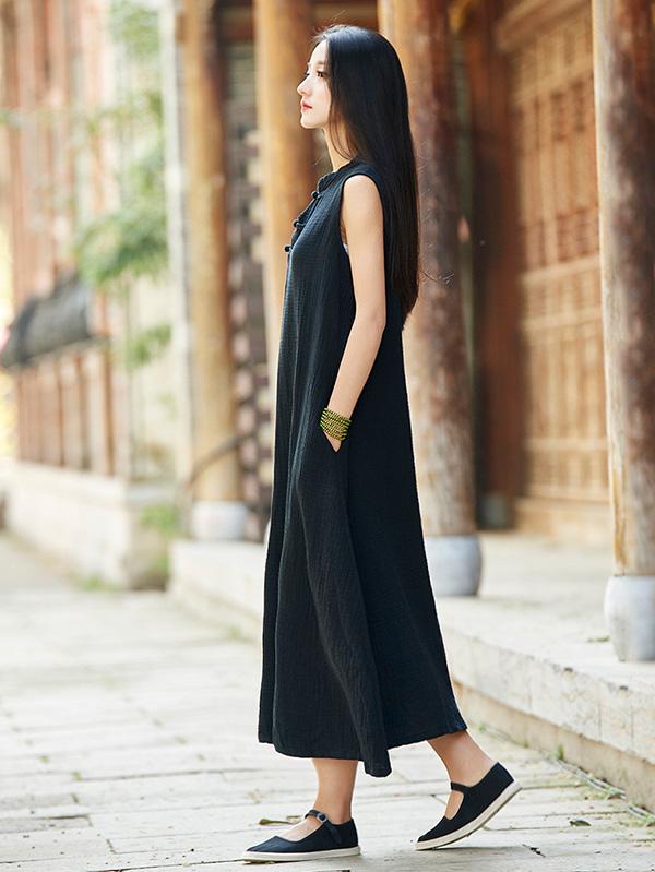 Vintage Black Ramie Cotton Sleeveless Linen Dress