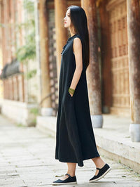 Vintage Black Ramie Cotton Sleeveless Linen Dress