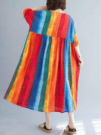 Striped Printed Loose A-Line Round-Neck Dress