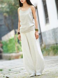Beige&White Ramie Cotton Casual Linen Bloomers Pants