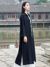 Black&Light gray Split-side Vintage Linen Outwear