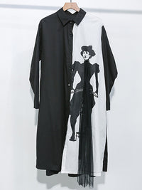 Tide Splicing Characters Print Long Lapel Shirt