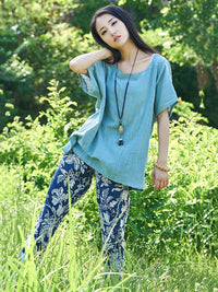 Round-neck Linen Cotton Half Sleeves Tops