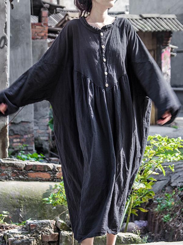 Puff Sleeve Ramie Cotton Long Dress