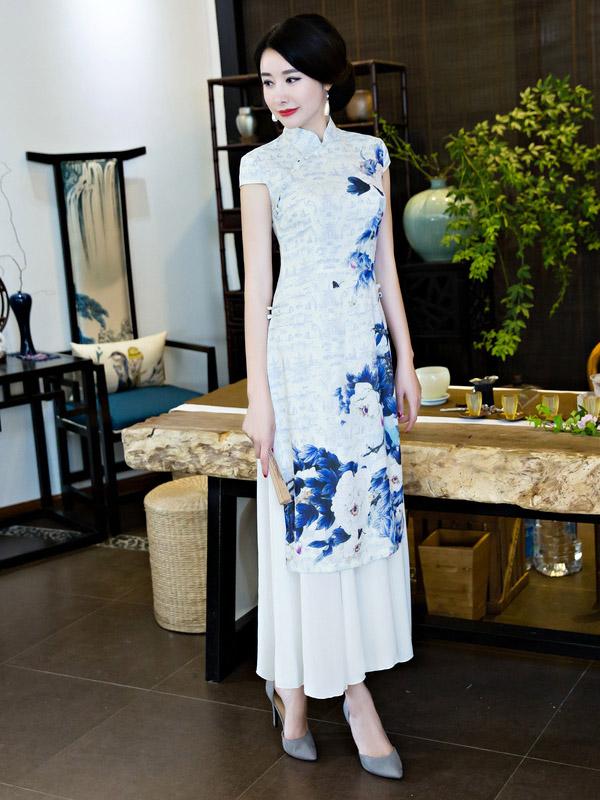 White&Blue Flower Split-side Ao Dai Cheongsam