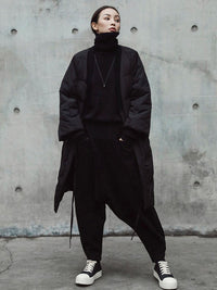 Simple Black Lace-up Cotton-padded Cloths Coat Outwear