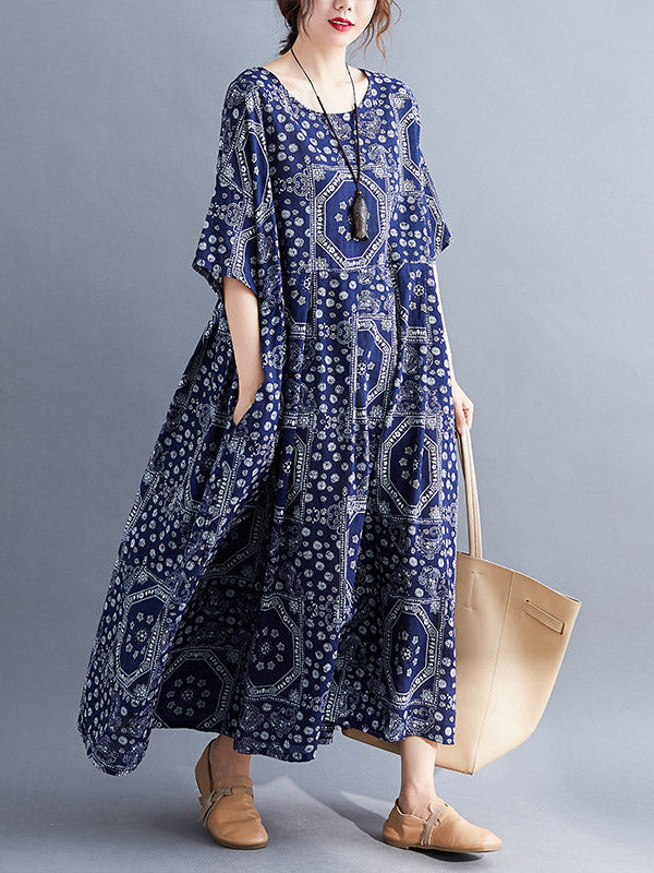 Vintage Floral Batwing Sleeve Dress