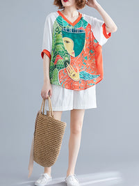 Loose Cartoon Printed V-Neck T-Shirts