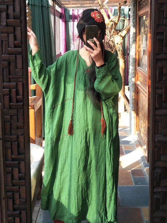 100% Linen Manual Embroidered Long Dress