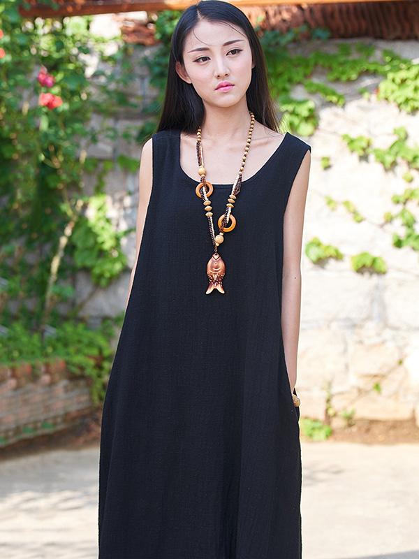 Burgundy&Black Ramie Cotton Sleeveless Long Dress