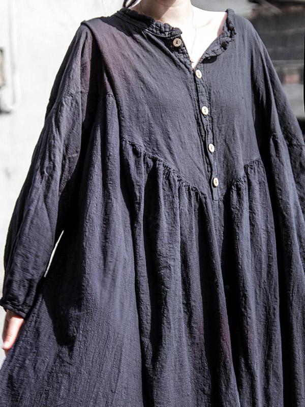 Puff Sleeve Ramie Cotton Long Dress