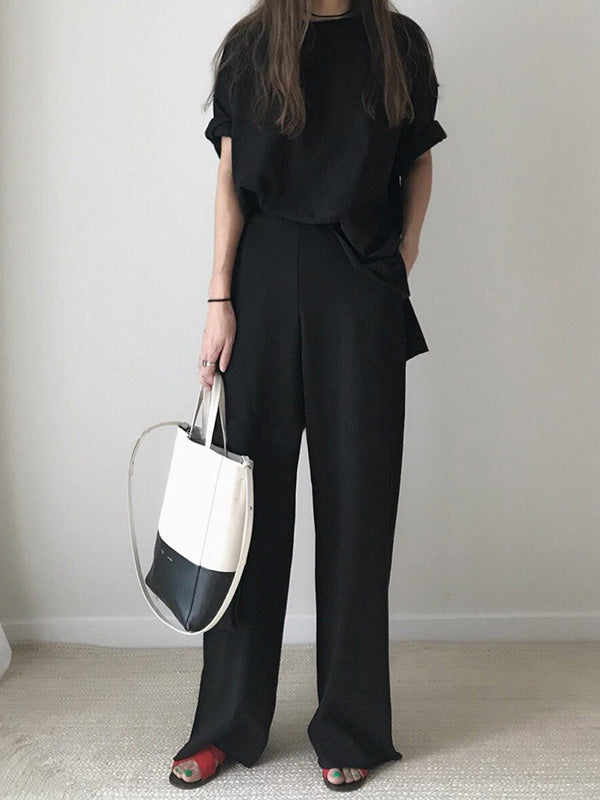 Loose Fringed Solid Color Split-Side Round-Neck Pants Set Two Pieces Set