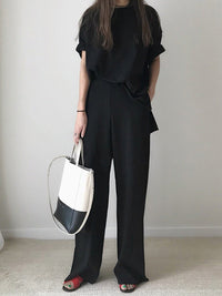 Loose Fringed Solid Color Split-Side Round-Neck Pants Set Two Pieces Set