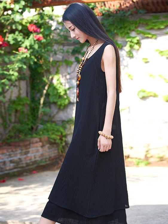Burgundy&Black Ramie Cotton Sleeveless Long Dress